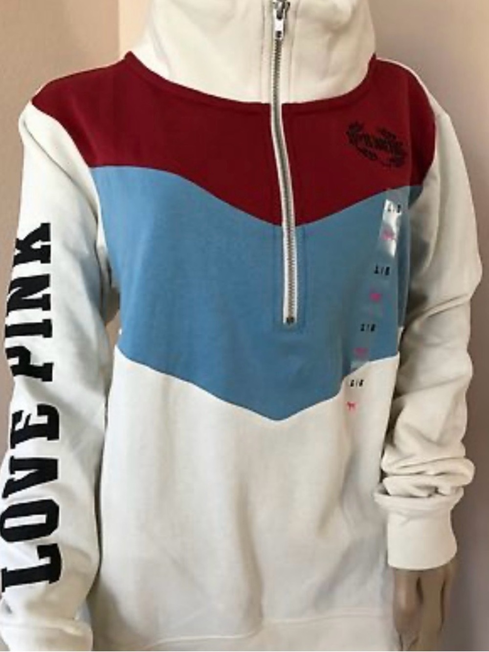 PINK Victoria's Secret White, Red & Light Blue Half-Zip Sweatshirt